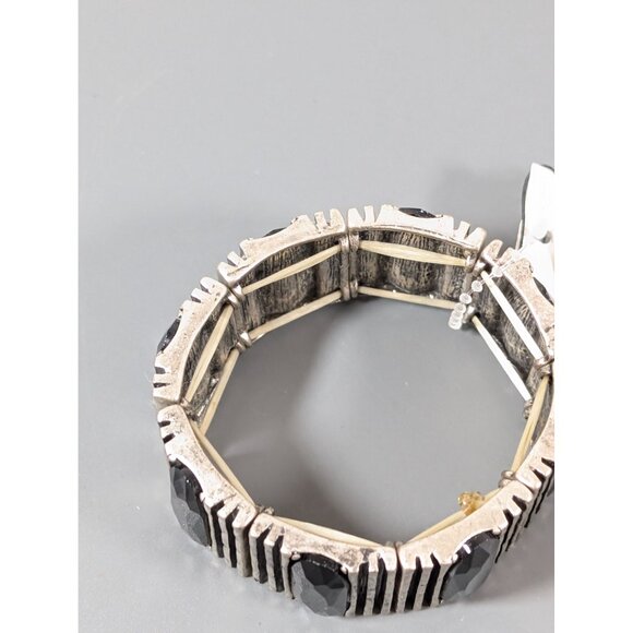 Attitudes Black Glass Bracelet Industrial Modernist Silver Tone Stretch 6.5" - Picture 3 of 9
